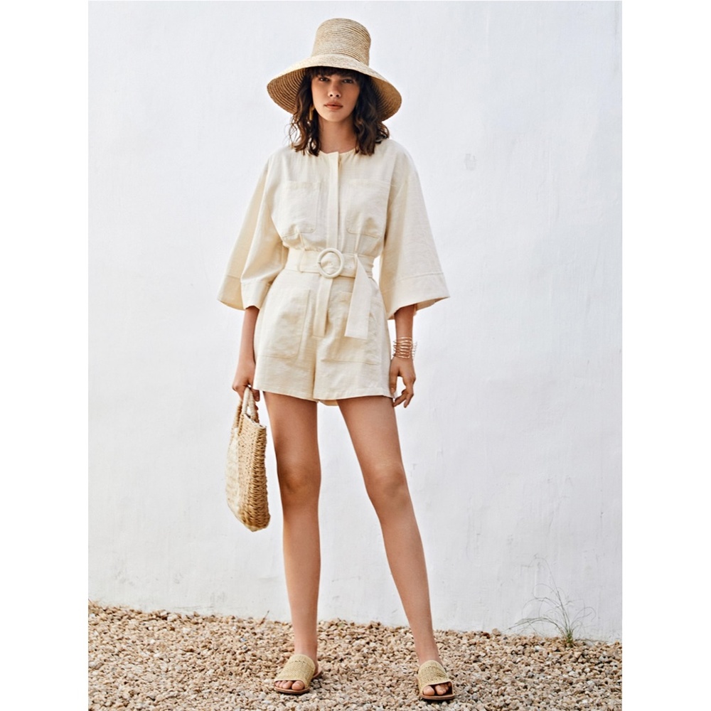 Cotton Beige Boho Romper Loose Fit Bell Sleeve - Picture 3 of 8